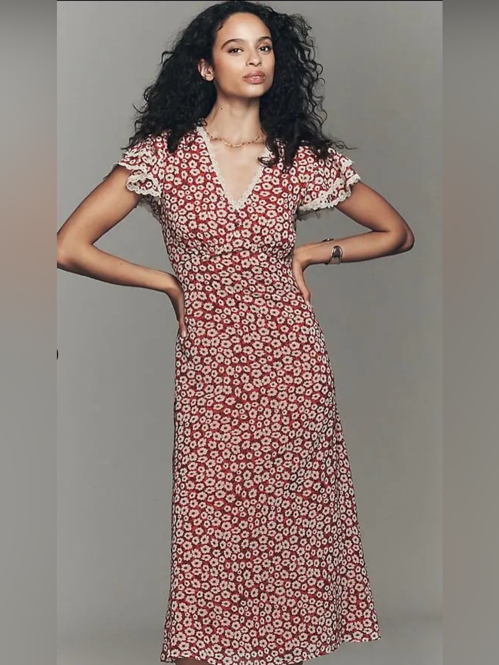 Anthropologie Exquise Jasmineina Ivory Red Floral Midi Dress